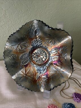 Fenton Water Lily Ruffled Dish Bowl, 3 footed carnival glass